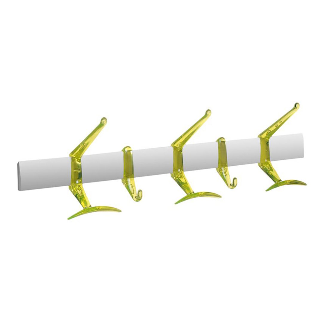 Bright green hooks on a sleek white bar, featuring a minimalist design for stylish organization.
