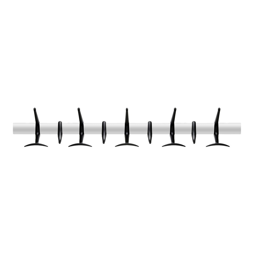 Black wall hooks in a sleek, modern design on a white rod, creating a minimalist aesthetic.