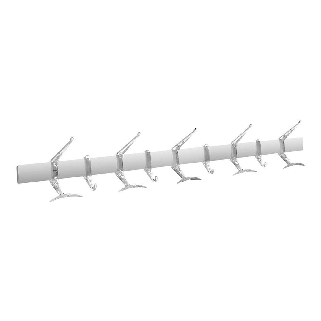 White coat rack with silver hooks, featuring a sleek and minimalist design for contemporary spaces.