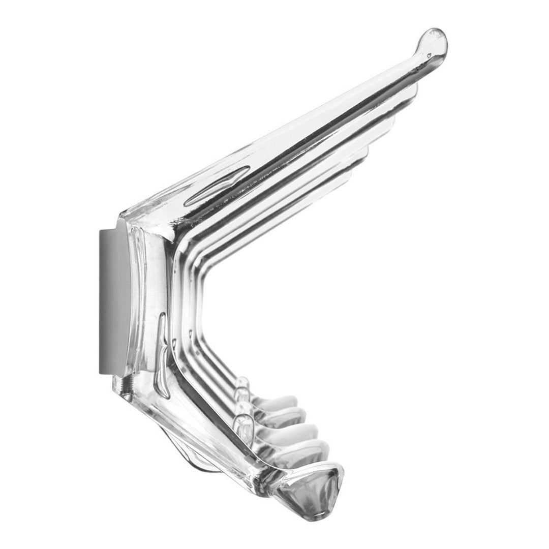 Clear acrylic shelf bracket with sleek, geometric lines and a modern, minimalist design. Ideal for stylish displays.