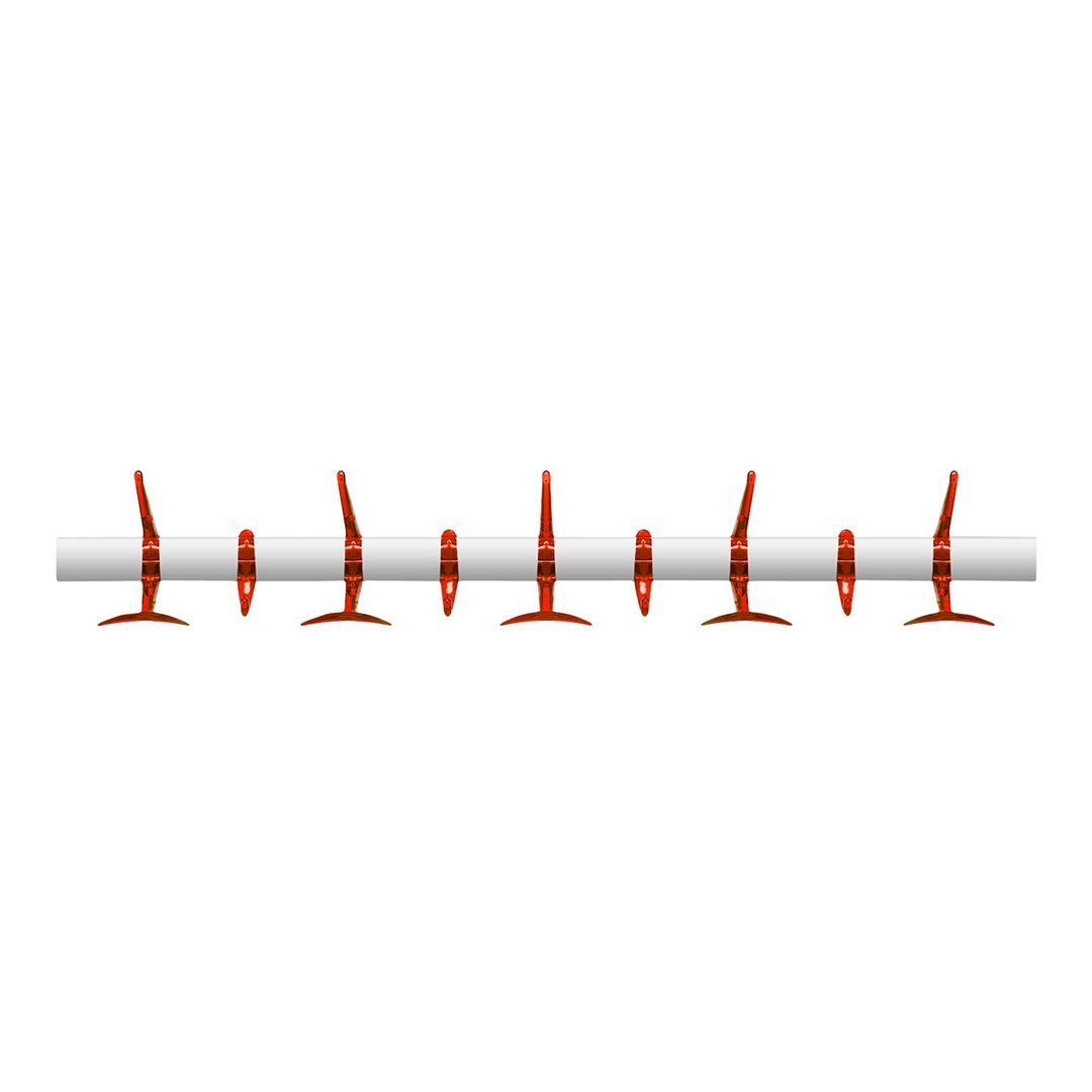 Bright red hooks on a sleek white bar, featuring a modern, minimalistic design. Ideal for organization and style.