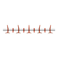 Bright red hooks on a sleek white bar, featuring a modern, minimalistic design. Ideal for organization and style.