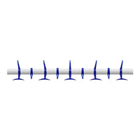 Blue and white modern coat rack featuring six sleek hooks on a minimalist rod.