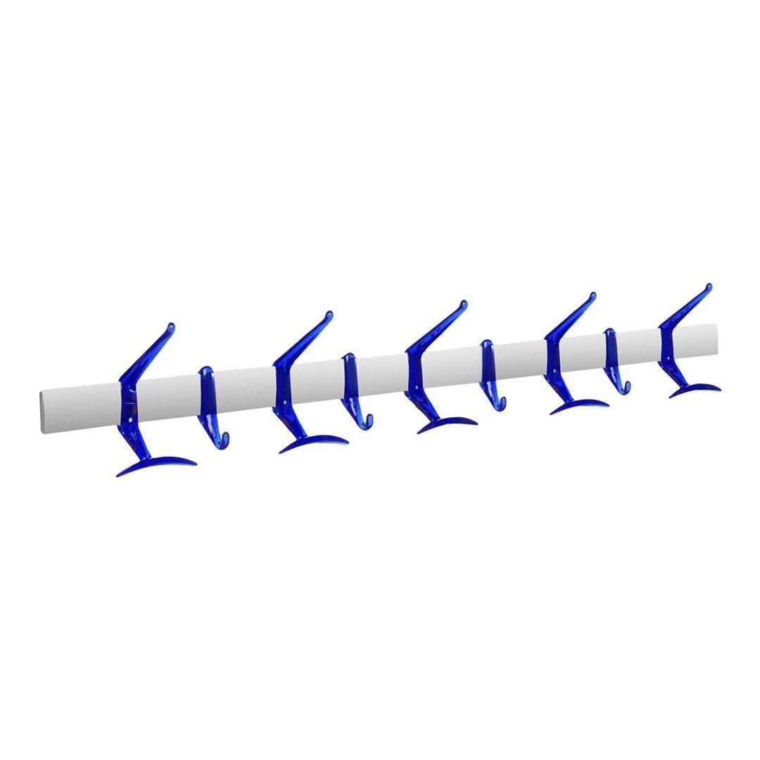 White wall-mounted coat rack with vibrant blue hooks, featuring a sleek and modern design.
