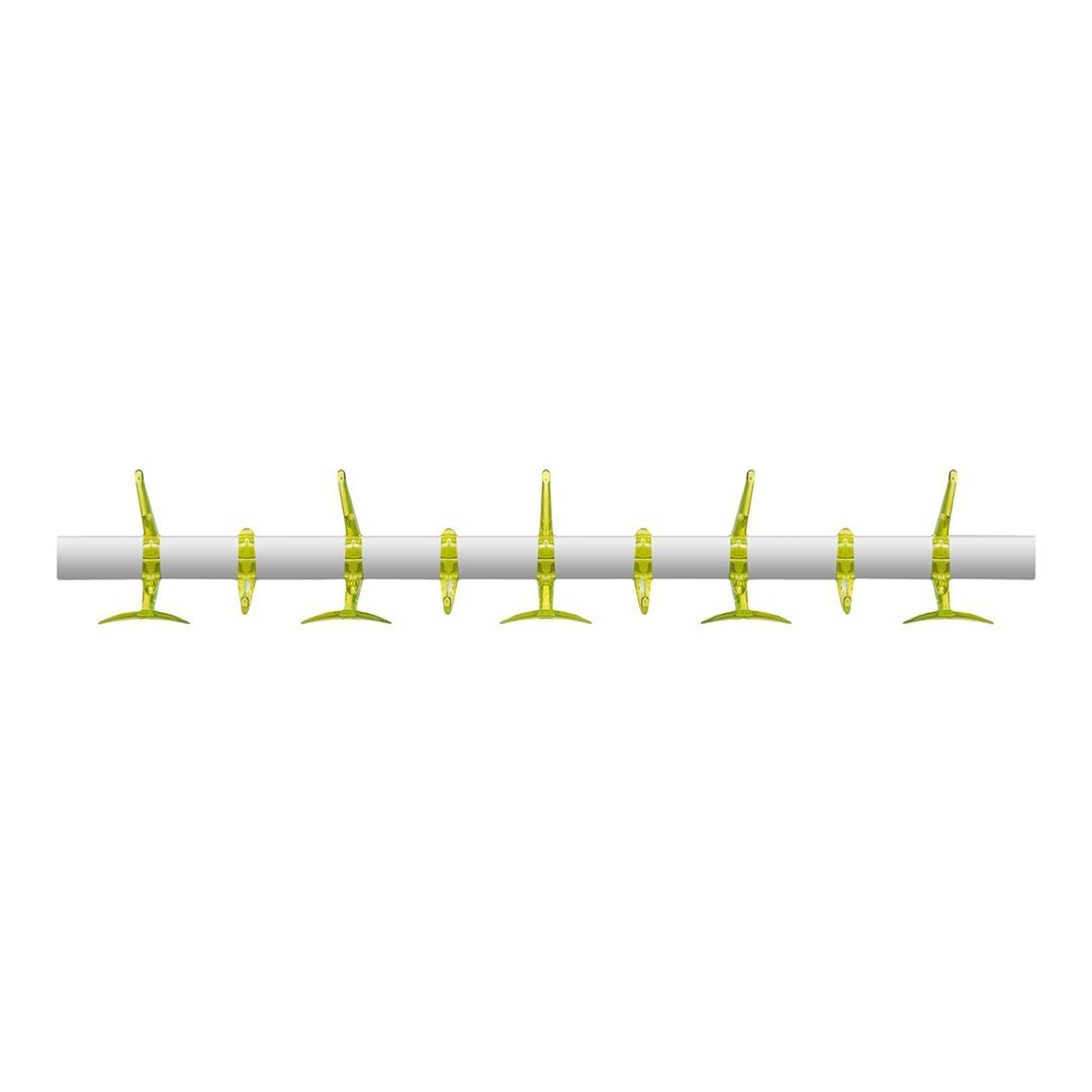 Bright green hooks on a sleek white bar, ideal for stylish organization. Perfect blend of modern design and functionality.