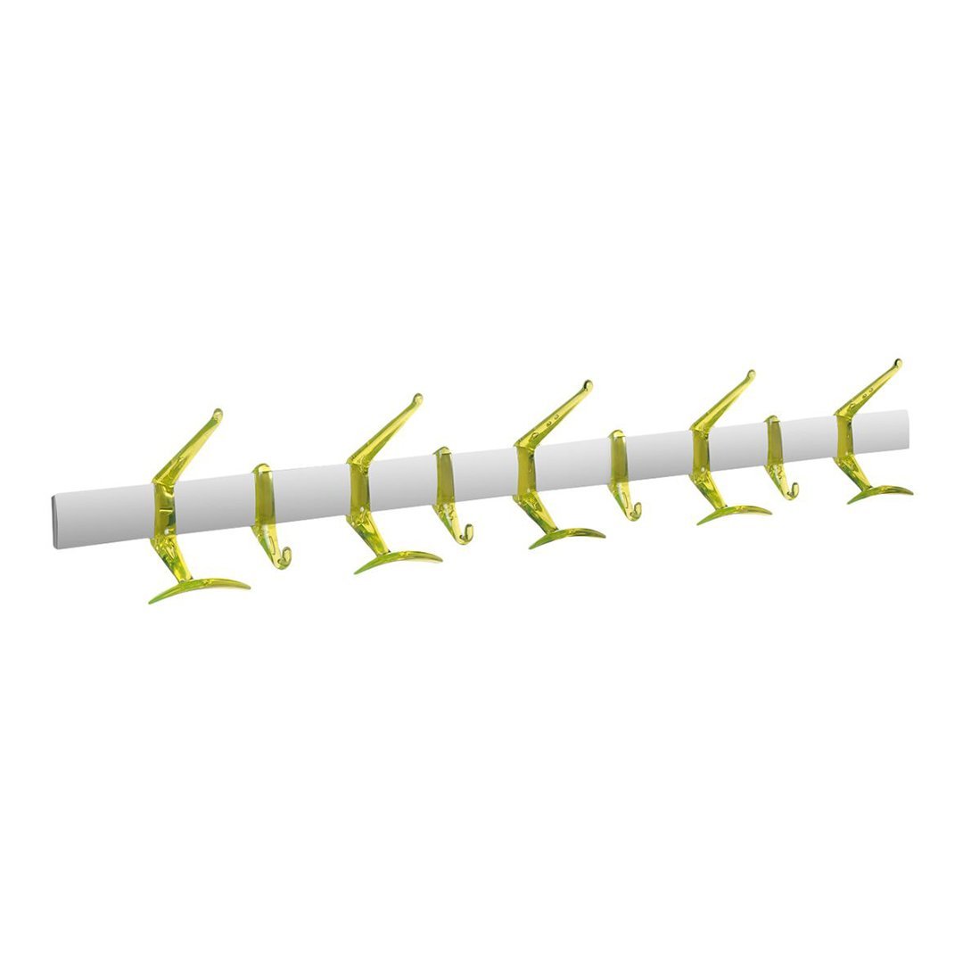 Bright green and white hooks arranged on a sturdy rod, featuring a sleek, modern design for versatile use.