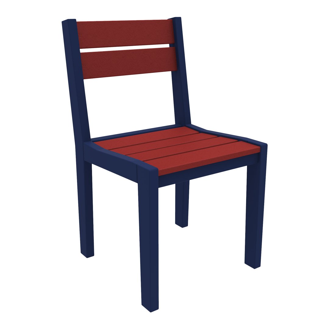 Navy blue chair with red slats and backrest, featuring a simple, modern design. Ideal for outdoor or indoor use.