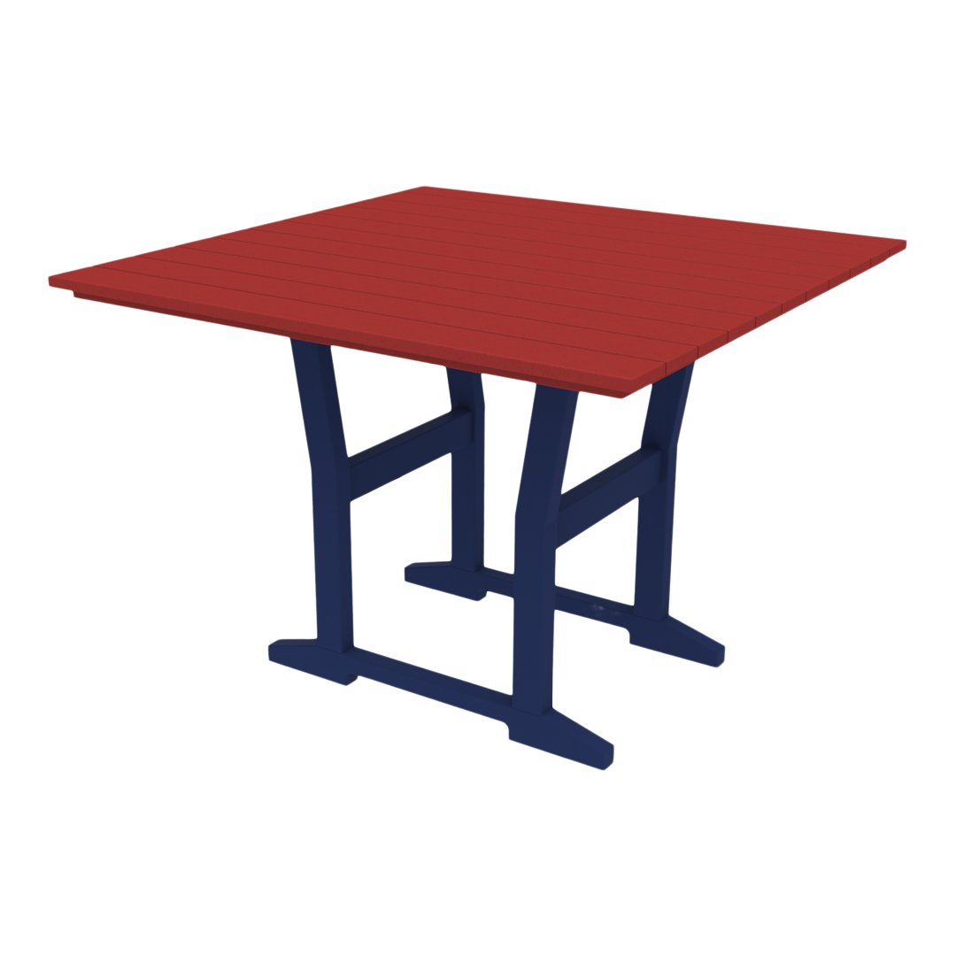 Square table with a vibrant red top and navy blue base, featuring a sleek, modern design. Perfect for outdoor dining.