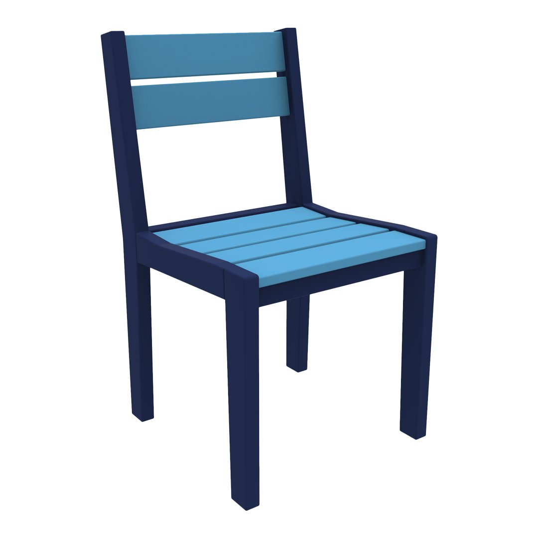 "Blue and navy striped wooden chair, featuring a sleek contemporary design and solid construction."