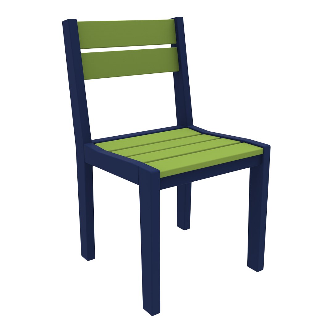 Green and navy blue striped chair with a modern design and slatted seat for outdoor or indoor use.