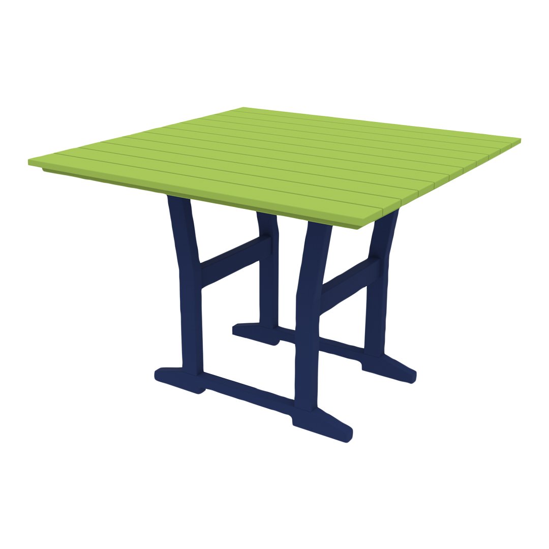 Square table with a vibrant green slatted top and sturdy navy blue legs, ideal for outdoor dining.