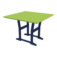 Square table with a vibrant green slatted top and sturdy navy blue legs, ideal for outdoor dining.
