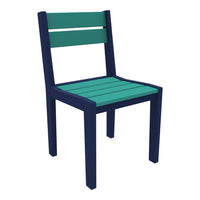 Teal and navy blue wooden chair with horizontal slats and a contemporary design, perfect for outdoor décor.
