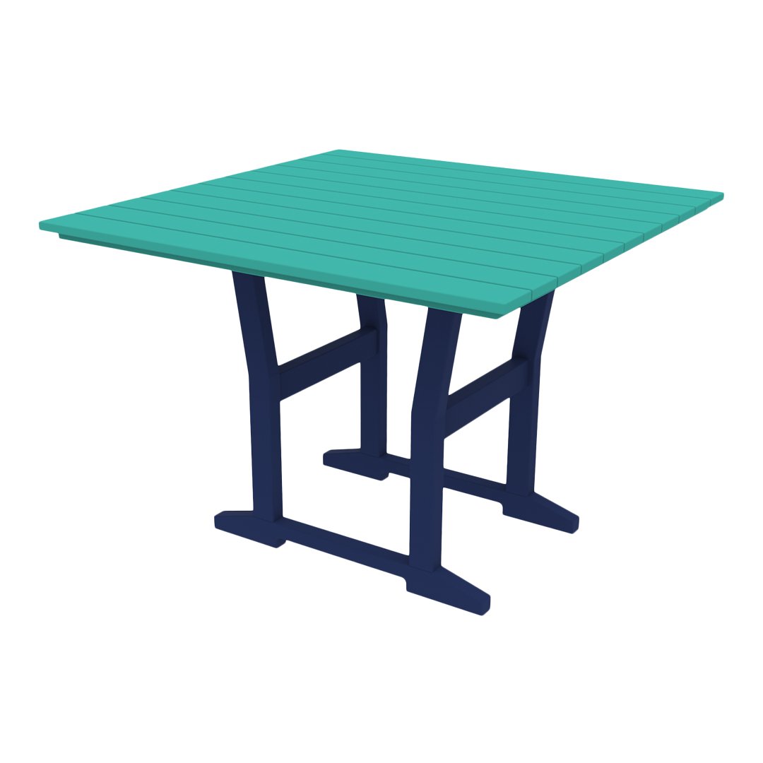 Teal slatted tabletop with navy blue legs, perfect for outdoor dining. Stylish and vibrant color combination.