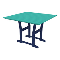 Teal slatted tabletop with navy blue legs, perfect for outdoor dining. Stylish and vibrant color combination.