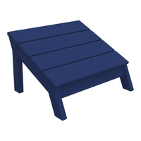 Navy blue outdoor footrest with sleek, slatted design and sturdy angled legs, perfect for lounging.