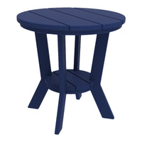 "Navy blue round outdoor table with a horizontal slat pattern and sturdy legs."