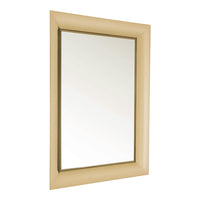 Beige rectangular mirror with a simple gold trim, featuring a sleek, modern design and smooth reflective surface.