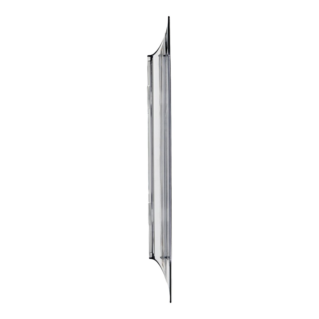 Sleek silver vertical light fixture with a clear glass panel, minimalistic design, and modern aesthetic.