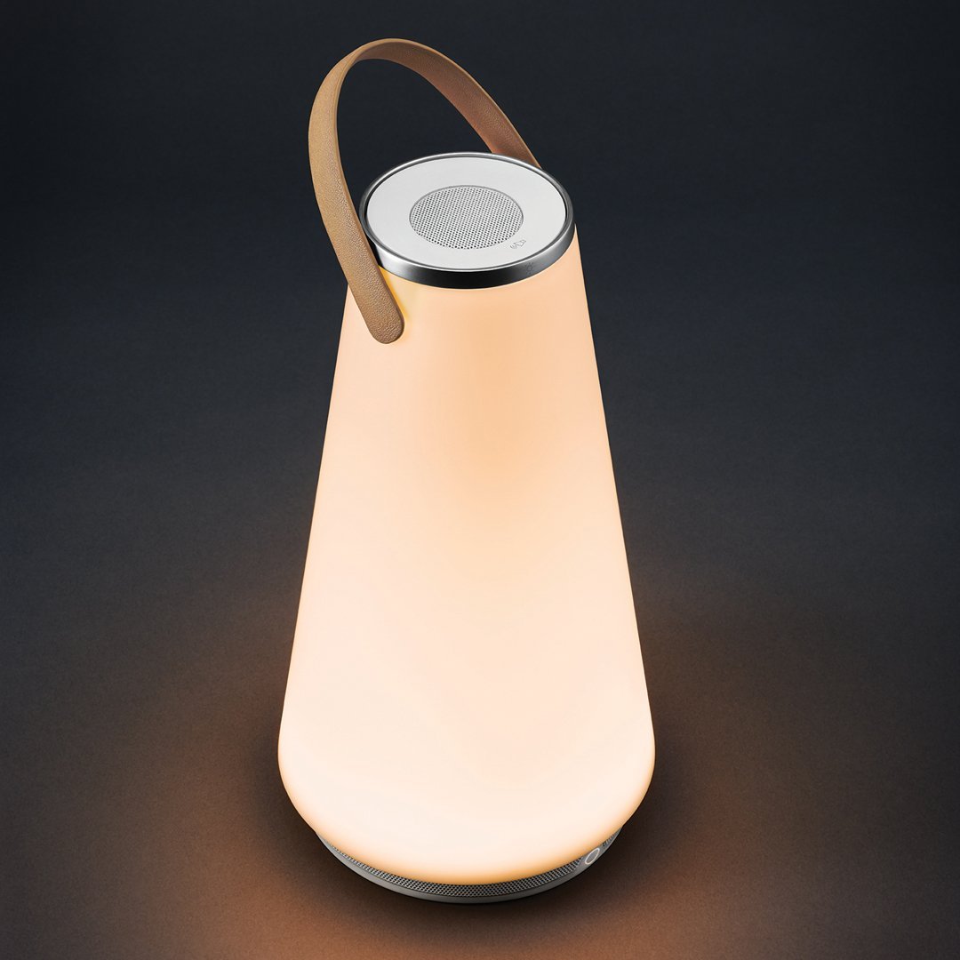 Elegant white cone-shaped lamp with a smooth frosted finish and a stylish brown handle. Ideal for modern decor.