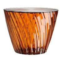 Amber ribbed glass vase with a glossy finish, featuring swirling patterns for a modern touch.