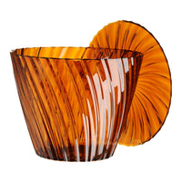 Amber-striped glass bowl with a ribbed design, showcasing rich orange hues and a glossy finish. Perfect for decor.