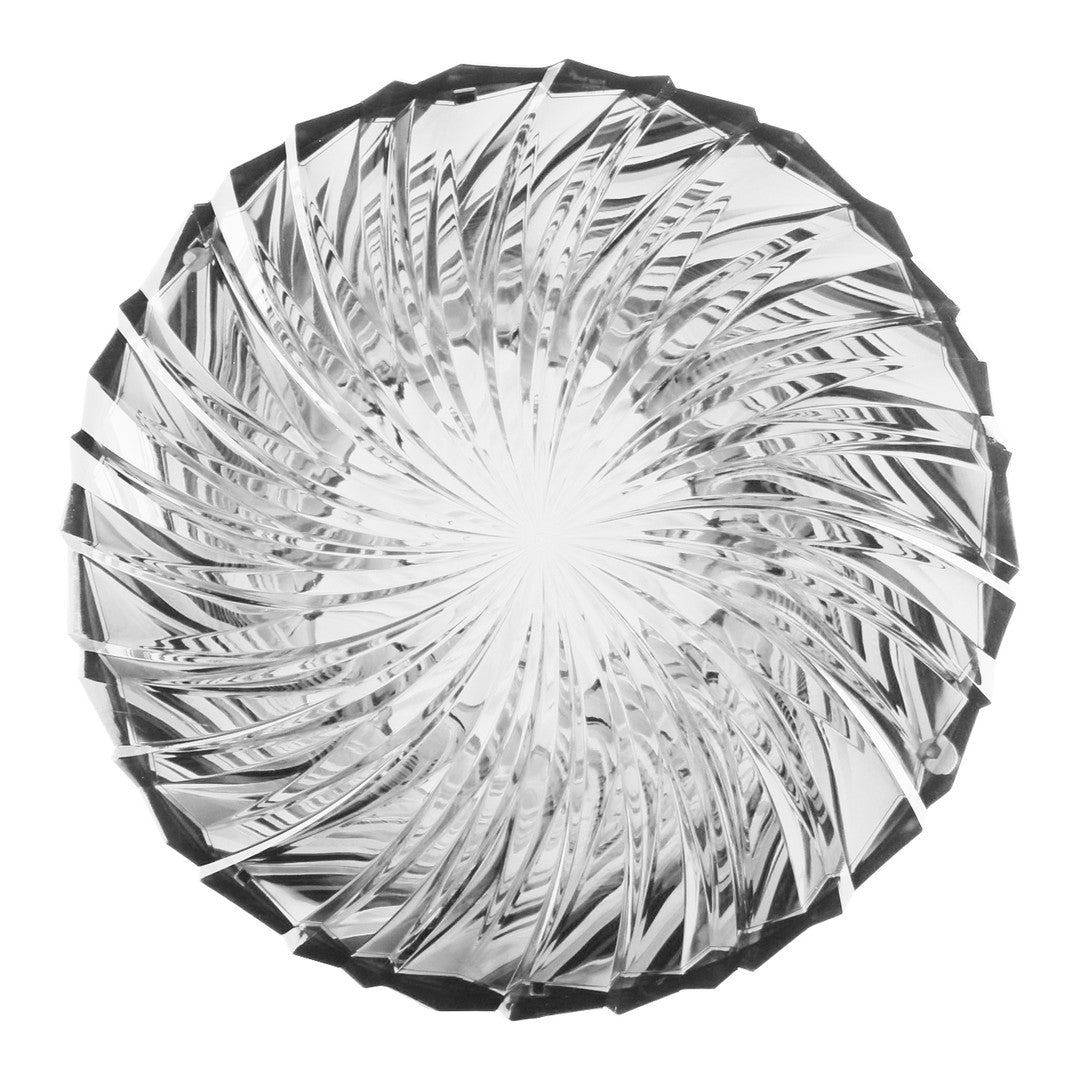 Crystal bowl with intricate starburst pattern and shiny, clear surface reflecting light elegantly.