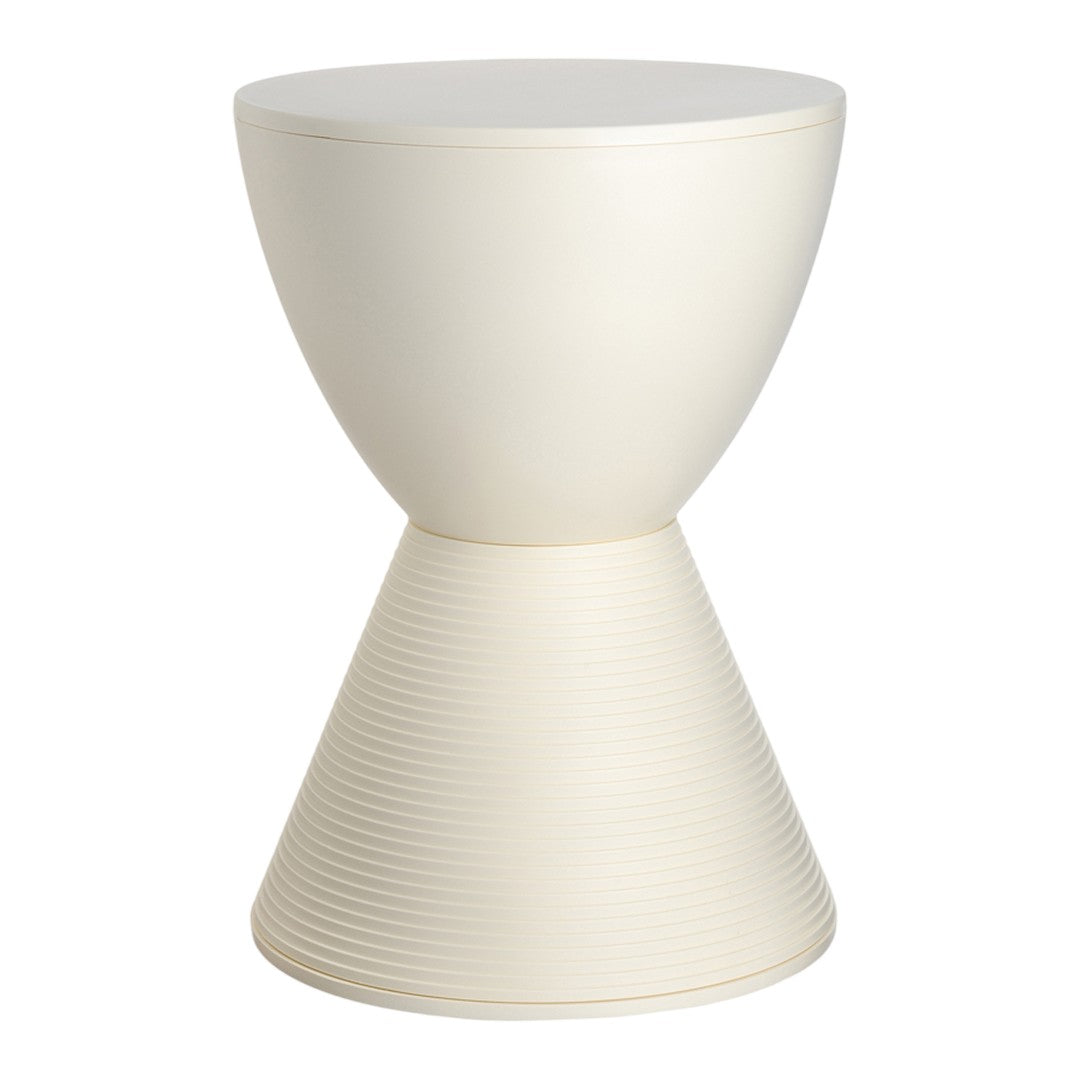 Beige round accent table with subtle ribbed pattern, featuring a smooth top and tapered base. Ideal for modern decor.