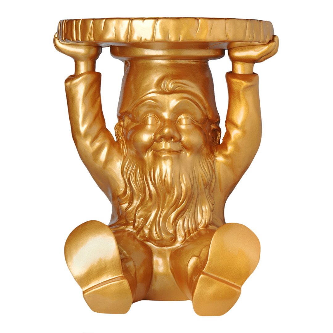 Golden gnome stool with a shiny finish, featuring a smiling face and detailed beard, perfect for whimsical decor.