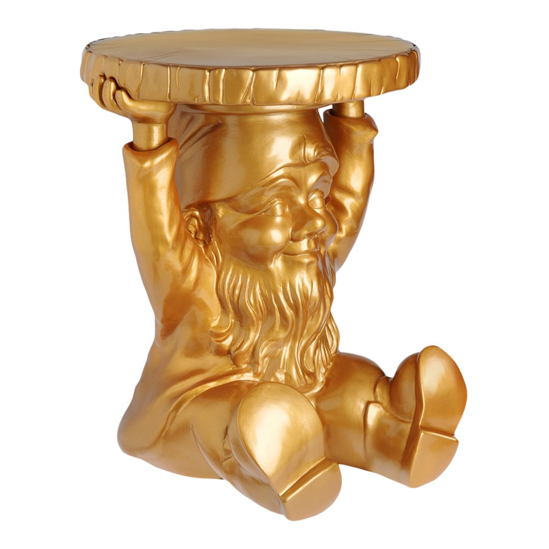 "Shiny gold gnome stool with a round top, featuring a whimsical sitting gnome design and smooth metallic finish."
