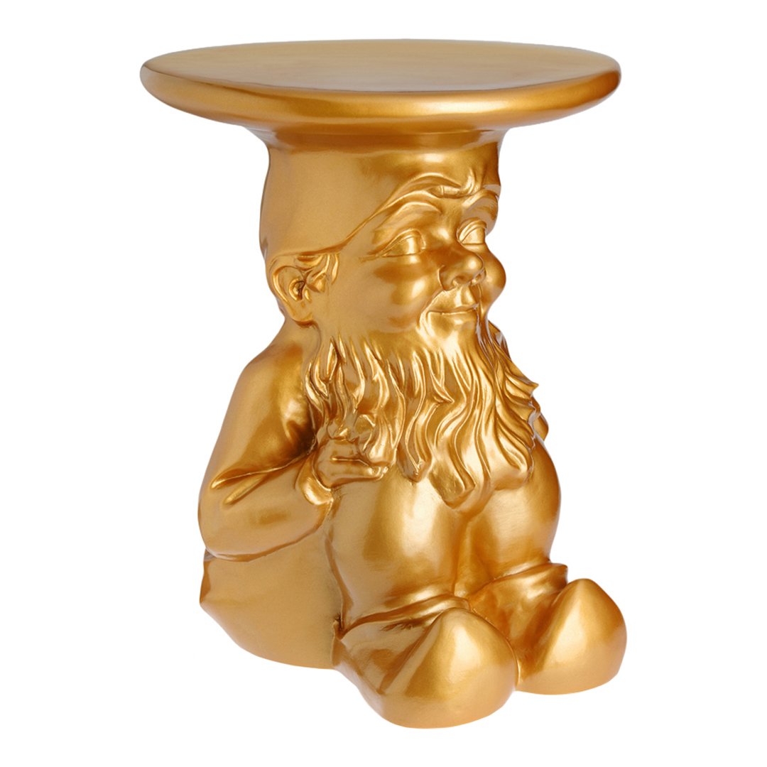 Golden gnome stool with a shiny finish and smooth circular top, featuring intricate sculpted details.