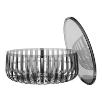 Transparent gray glass storage bowl with a modern striped pattern and a matching lid. Elegant and contemporary design.