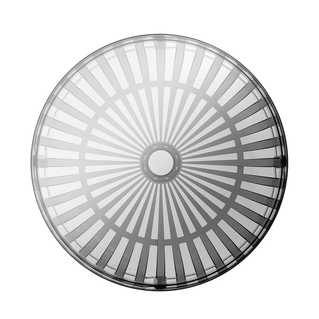 Transparent circular platter with a sunburst pattern in shades of gray, creating a modern, elegant design.