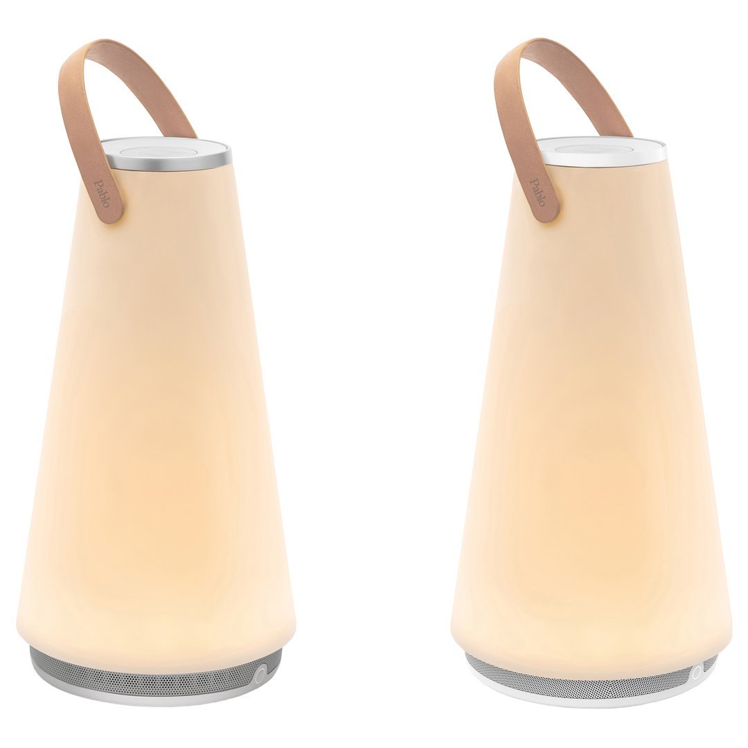 "Soft beige conical lantern with a light wood handle, featuring a sleek modern design and subtle matte finish."