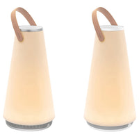 "Soft beige conical lantern with a light wood handle, featuring a sleek modern design and subtle matte finish."
