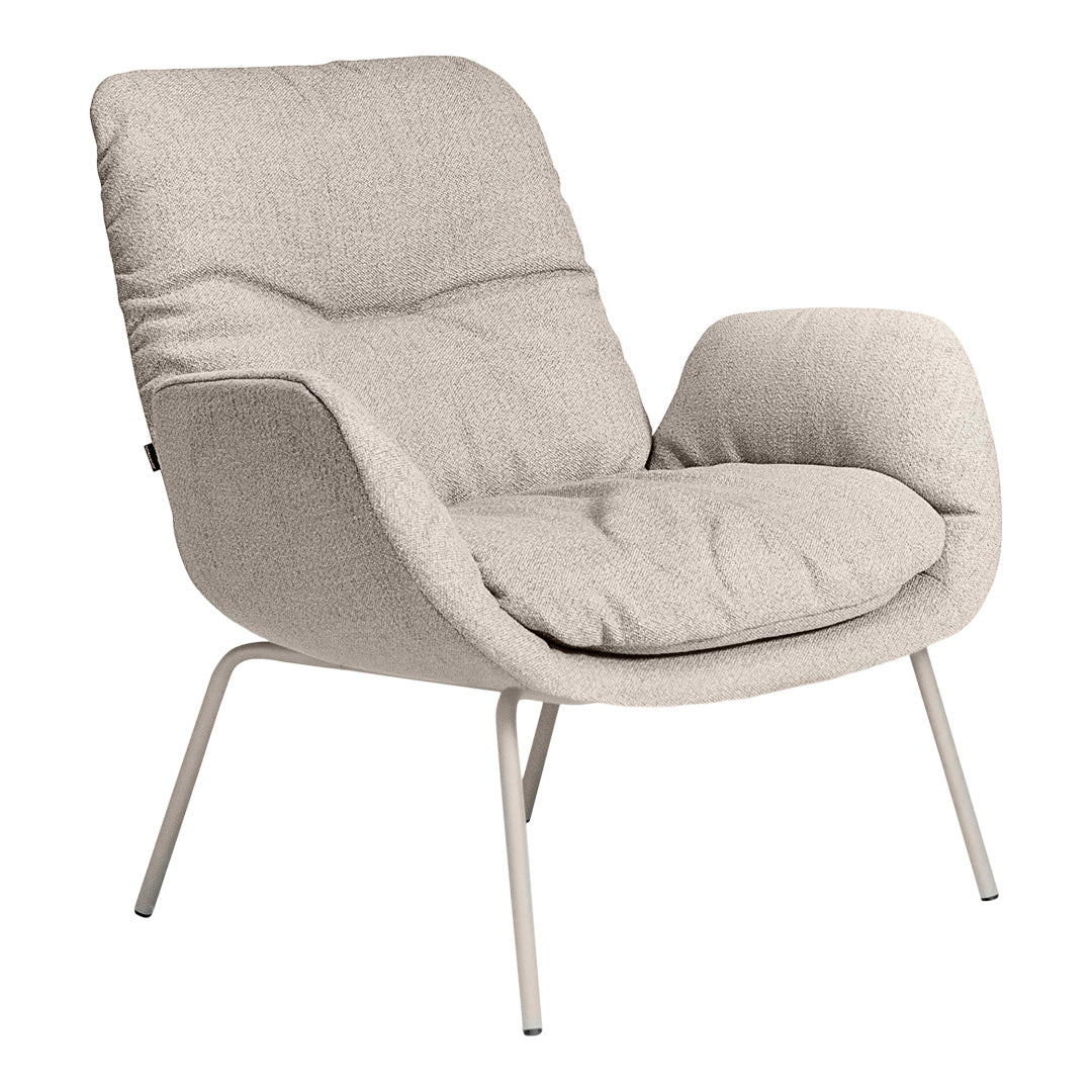 Light beige upholstered chair with a textured pattern and sleek white legs. Modern design for any living space.