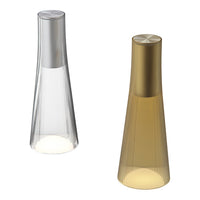 "Clear and gold tapered bottles with sleek designs and subtle ribbed patterns."