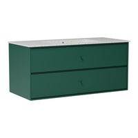 Green storage cabinet with a smooth gray countertop and minimalist design featuring two spacious drawers.