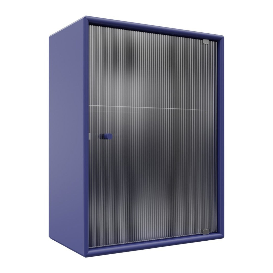 Purple cabinet with a sleek, ribbed silver door, offering a modern and stylish design for your space.