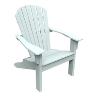 White Adirondack chair with slatted design and wide armrests, perfect for outdoor relaxation.