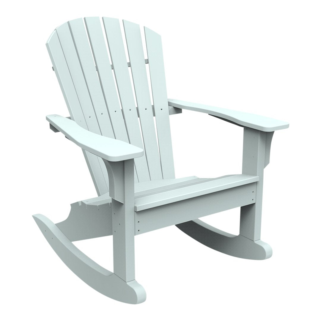 Light gray Adirondack rocking chair with a slatted design, perfect for outdoor relaxation.