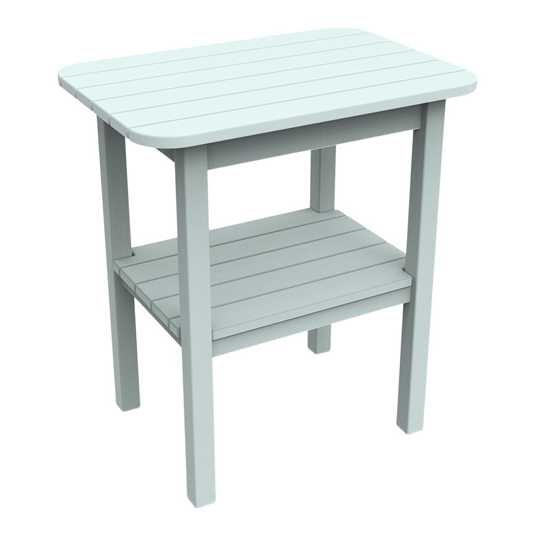 Light blue wooden side table with slatted top and shelf, perfect for outdoor use.