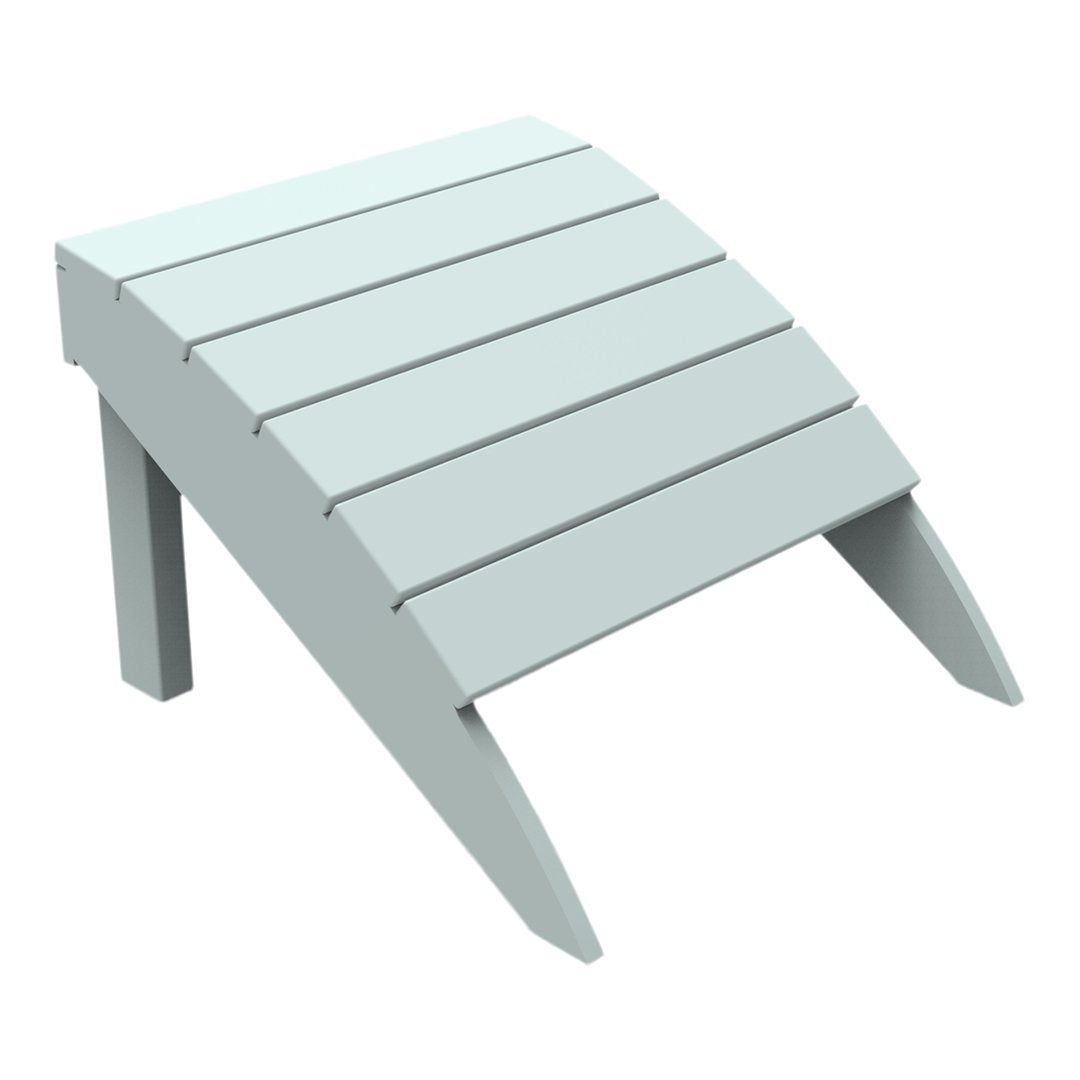 Light blue wooden footrest with a slatted design and angled legs, perfect for outdoor relaxation.