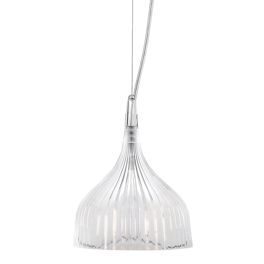 Clear glass pendant lamp with sleek ribbed pattern and silver accents. Modern design for stylish lighting.