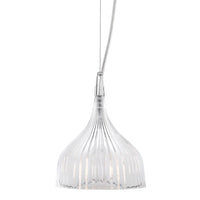 Clear glass pendant lamp with sleek ribbed pattern and silver accents. Modern design for stylish lighting.