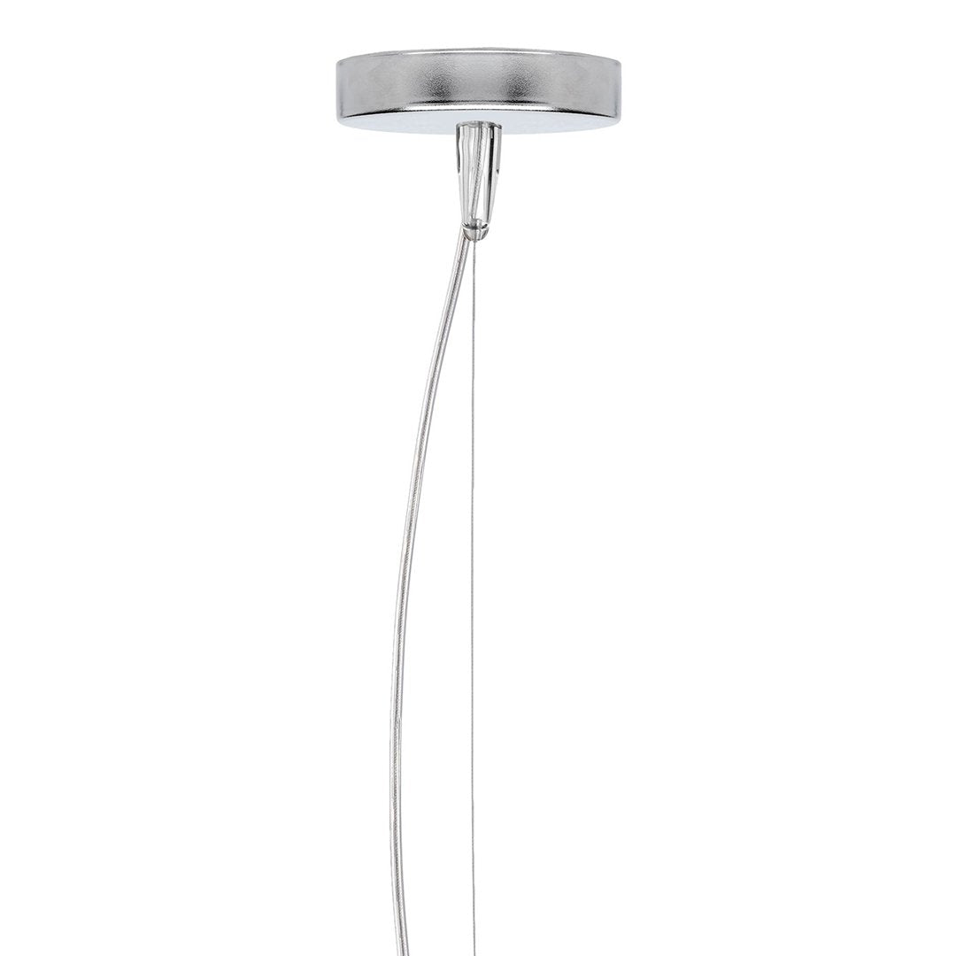 Sleek silver pendant light with a minimalist design and smooth metallic finish, featuring a clean, modern look.