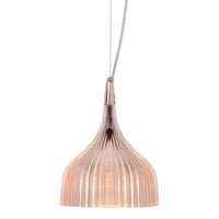 Rose gold pendant lamp with a sleek, ribbed design and a warm, glowing interior. Perfect for modern decor.