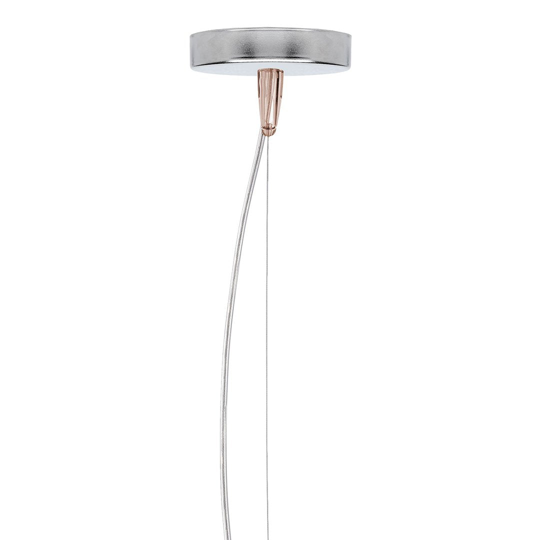 Sleek silver ceiling mount with a copper accent and a smooth white cord, perfect for modern decor.