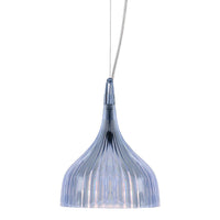 "Elegant blue glass pendant lamp with a ribbed pattern and smooth curves, perfect for modern decor."