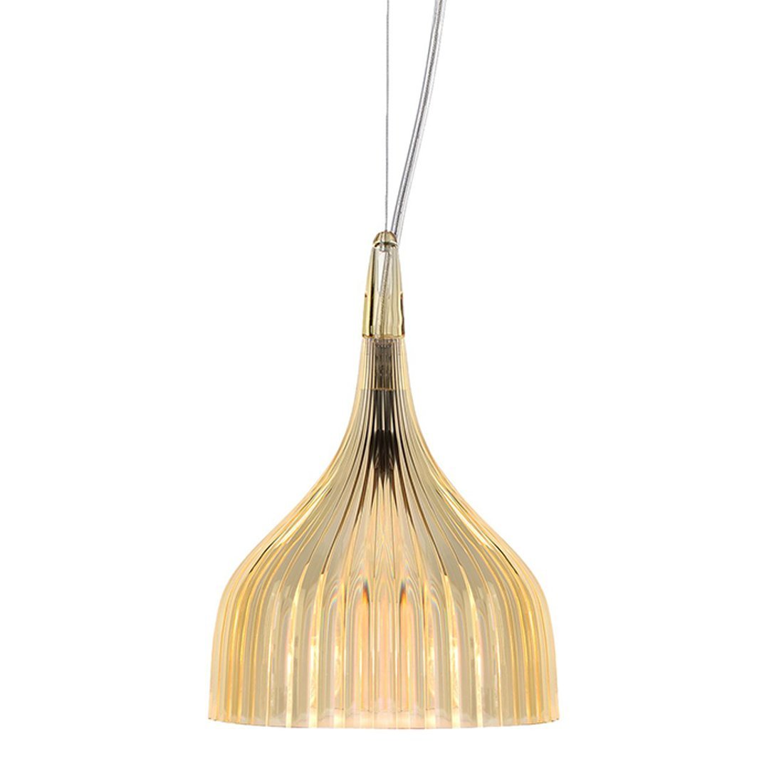 Golden ribbed pendant lamp with a sleek, modern design, featuring a soft translucent finish. Perfect for stylish interiors.